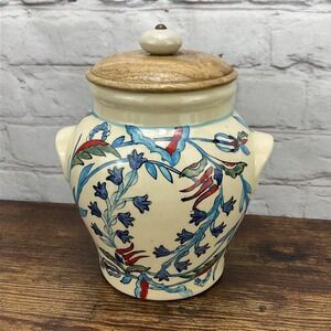 Vtg Pier 1 Storage Jar Canister Hand Painted Earthenware Floral Blue India